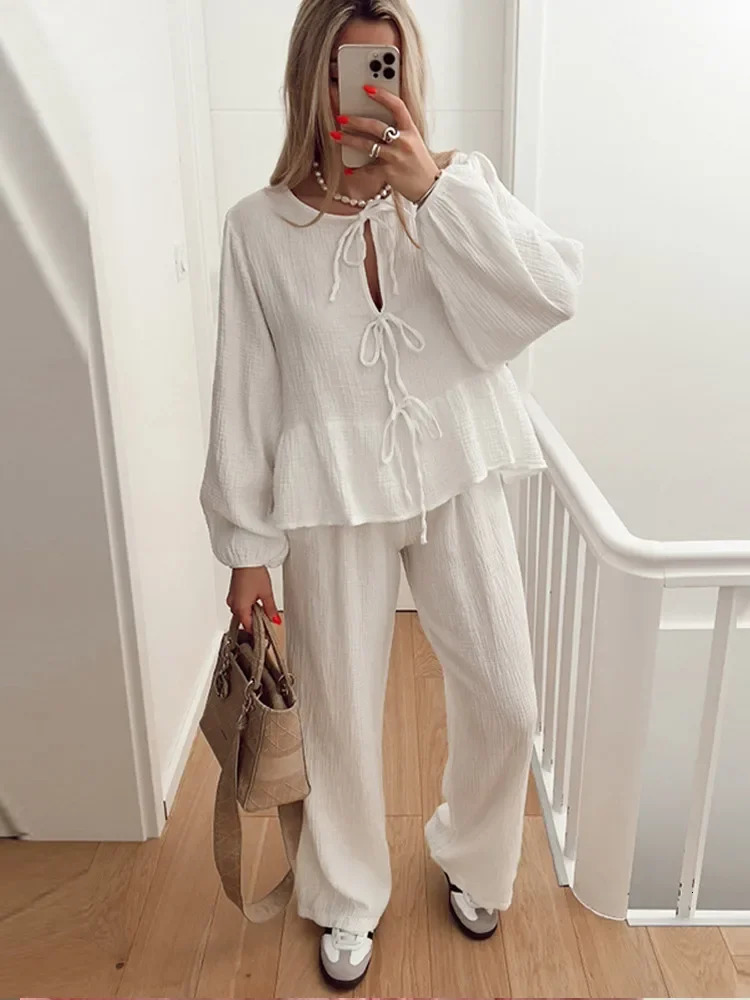 Casual Ruffle Bow Lace Up Shirts Pants Suit Women Loose O-neck Long Sleeve Leopard Shirt Wide Leg Pant 2024 Sping Summer Suits 240703