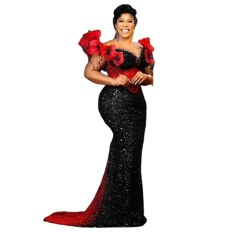 Glitter Black And Red Sequined Mermaid Prom Dresses With Hand Made Flowers Off Shoulder Aso Ebi African Reception Gowns Beading Modern Evening Dress C