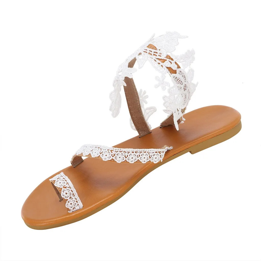 Summer Lace Flower Sandals White Slip On Flat Heel Fashion Leisure Outdoor Women Slippers 2024 Big Toe Foot Correction Sandals 240705