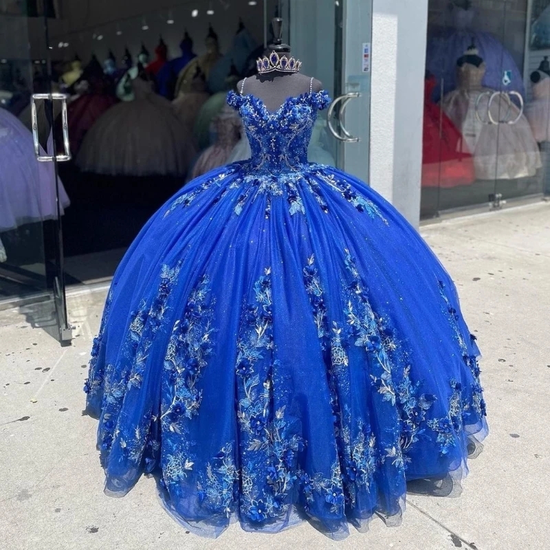 2024 Mexican Blue Shiny Quinceanera Dresses with 3D ral Applique Lace Vestidos XV 15 Anos Sweet 16 robe de soiree