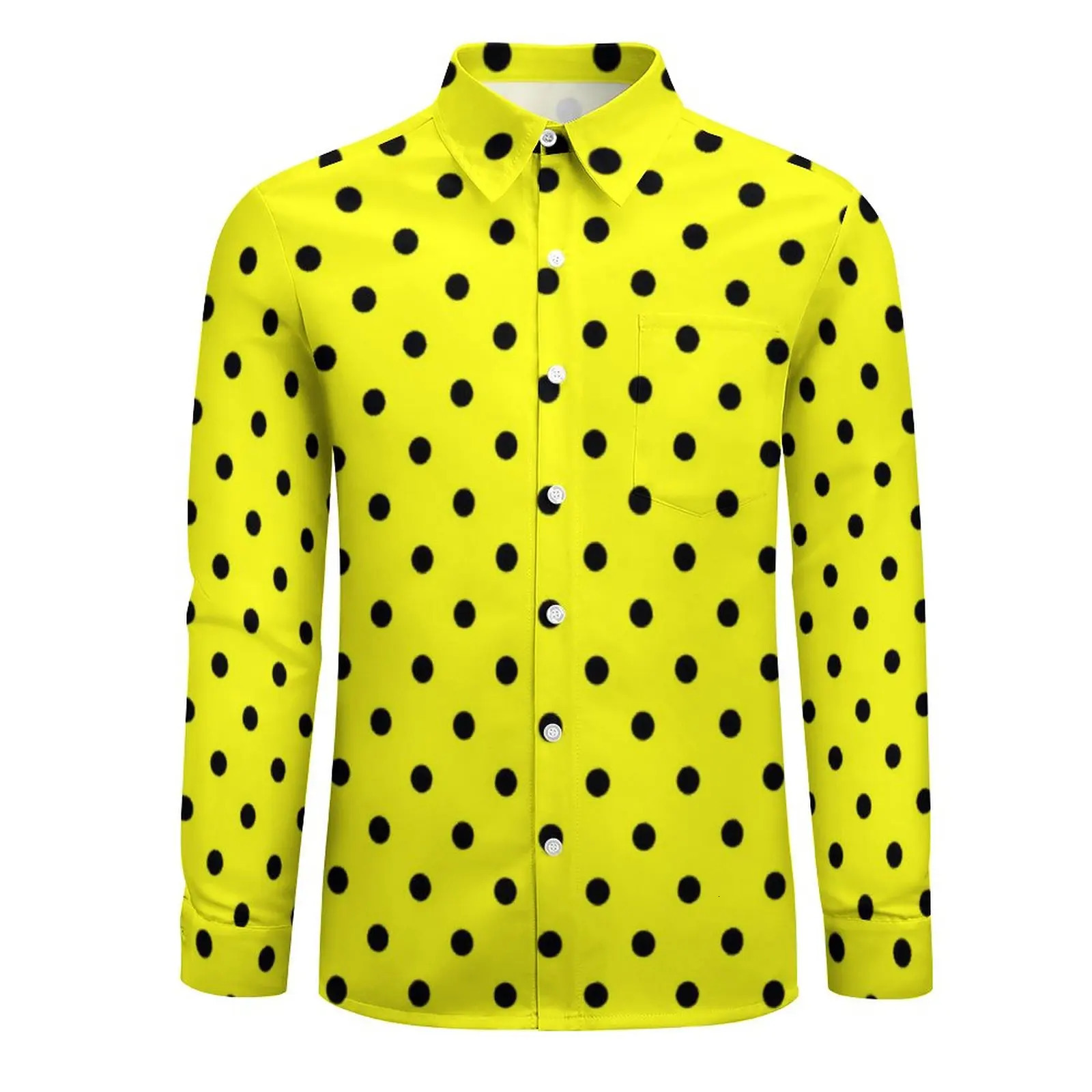 Yellow Polka Dot Shirt Autumn Black Spots Print Casual Shirts Harajuku Blouses Long Sleeve Print Clothing Plus Size 240704