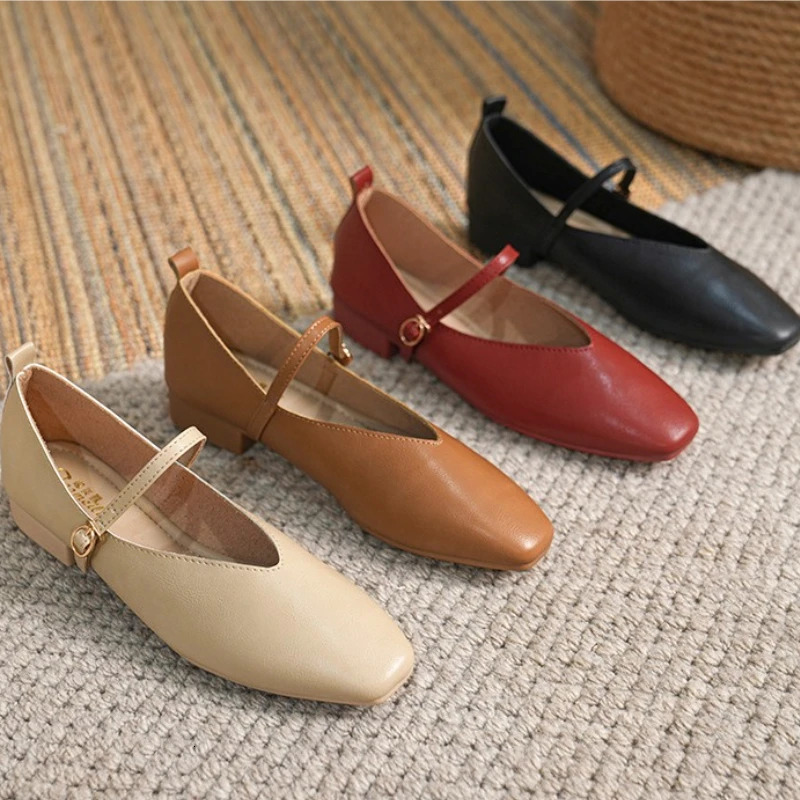 Square Toe Low Heel Mary Jane Shoes for Women Retro Buckle Casual Shoes Ladies Breathable Slip-on Outdoor Soft Sole Flats 240705