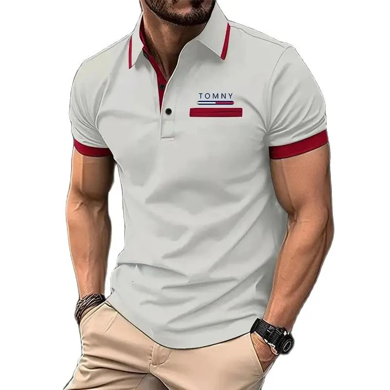 TOMNY Shirt Polo Daily Men Striped Knit Polos Polyester Polo Shirts Tops 240703