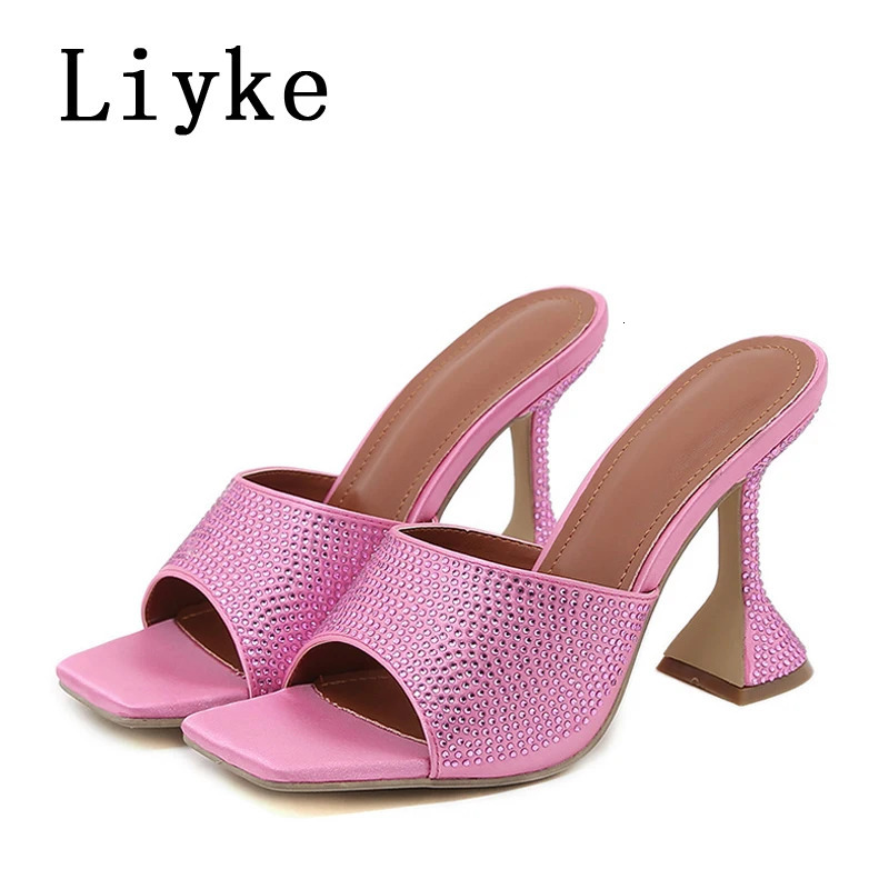 Liyke New Fashion Square Toe 9.5Cm Strange High Heels Slippers Women Crystal Rhie Satin Summer Quality Sandals Shoes Mules Slides 240704