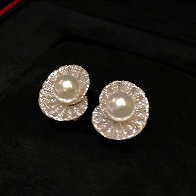 Sterg Sier Pearl & CZ Dia Stud Earrings Handmade Jewelry | Gorgeous Scallop Sweet Cute Earring Gift for Women 64ef