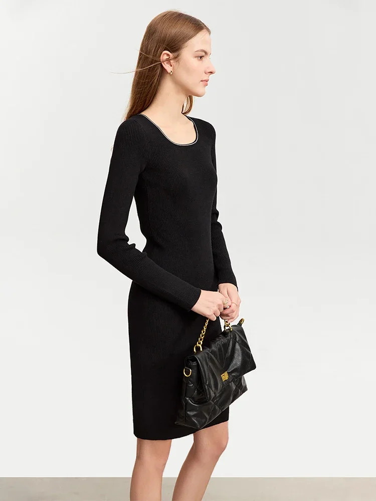 AMII Autumn Womens Dresses Warm Color Block Patchwork U Neck Slim Fit Knitted Straight Dress For Lady Trendy 12343421 240703