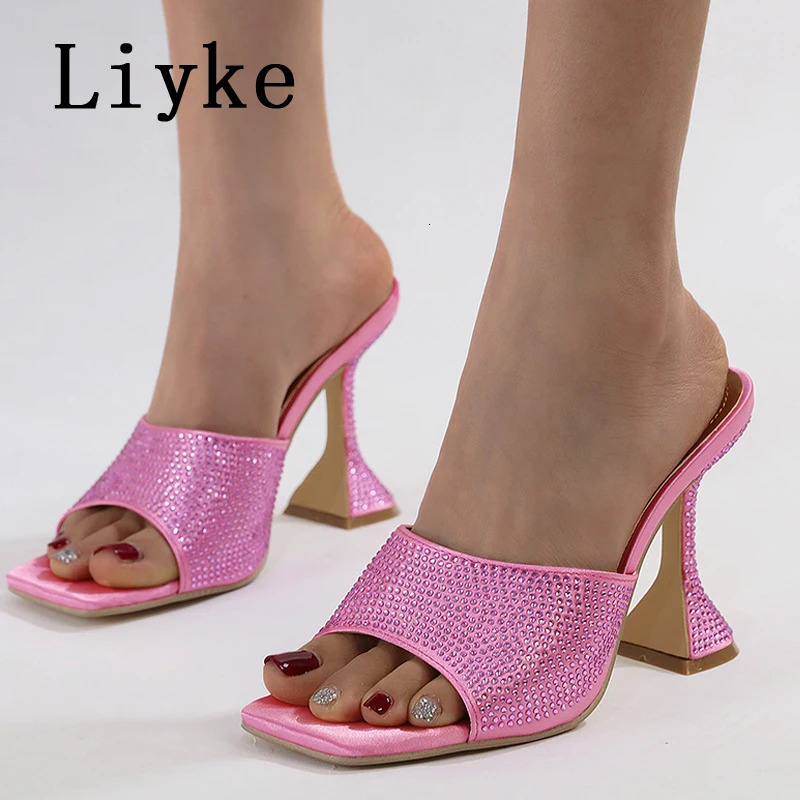 Liyke New Fashion Square Toe 9.5Cm Strange High Heels Slippers Women Crystal Rhie Satin Summer Quality Sandals Shoes Mules Slides 240704