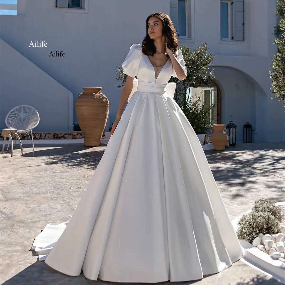 Long Elegant Satin V Neck Wedding With Pockets Bow A E Short Sleeve Sweep Train Garden Bridal Gown Zipper Vestido De Novia Women Dresses estido
