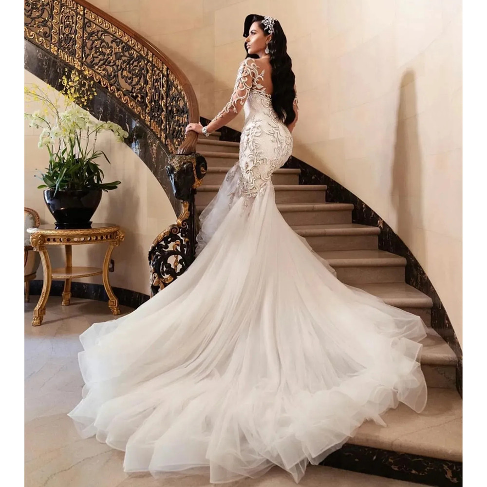 Princess Sparkly Wedding Scoop Long Sleeves Beaded Appliqued Lace Women Bridal Gowns New Vestido De Novia Custom Made Brides Dress 6660312