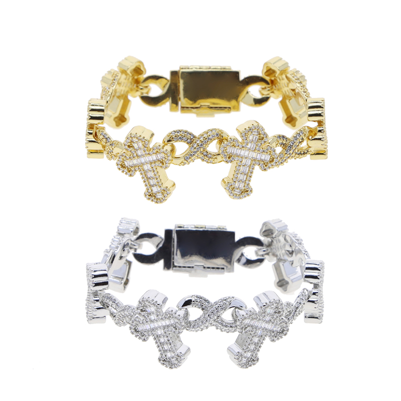 New Arrived High Quality Hip Hop Men Jewelry Micro Pave 5A CZ Iced Out Bling Infinity Cross Charm Cuban Bracelet