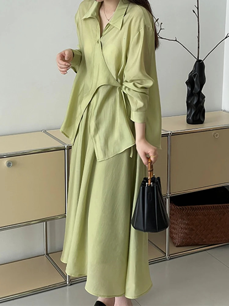 LANMREM Sunscreen Twopiece Set For Women Lapel Solid Color Side Strap Blouses With Elestic Waist Skirt Summer 2Z1653 240701wtt