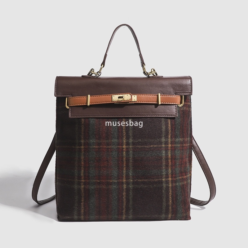 French women's Korean niche original design autumn and winter Maillard bag plaid fabric fashionable texture large capacity backpack handbag cross
