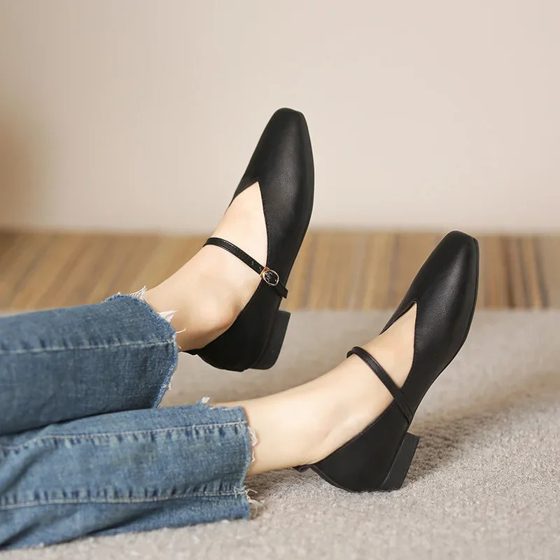 Square Toe Low Heel Mary Jane Shoes for Women Retro Buckle Casual Shoes Ladies Breathable Slip-on Outdoor Soft Sole Flats 240705
