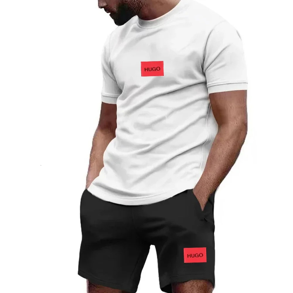 Summer Tracksuit Men Sports Set Casual Fitness Jogging Fashion Short Sleeve Cotton Hugo Tshirt Shorts 2 Piece Sets Sportswear 240627