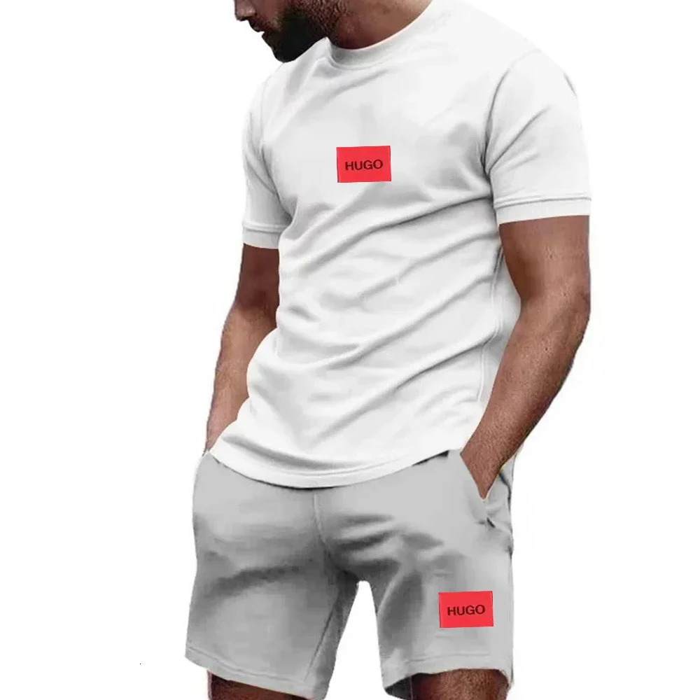 Summer Tracksuit Men Sports Set Casual Fitness Jogging Fashion Short Sleeve Cotton Hugo Tshirt Shorts 2 Piece Sets Sportswear 240627