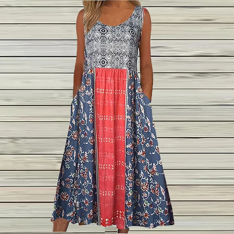 Summer Vintage Printed Midi Dress Women Casual Sleeveless Pocket Maxi Dresses For Beach Party Boho 240628
