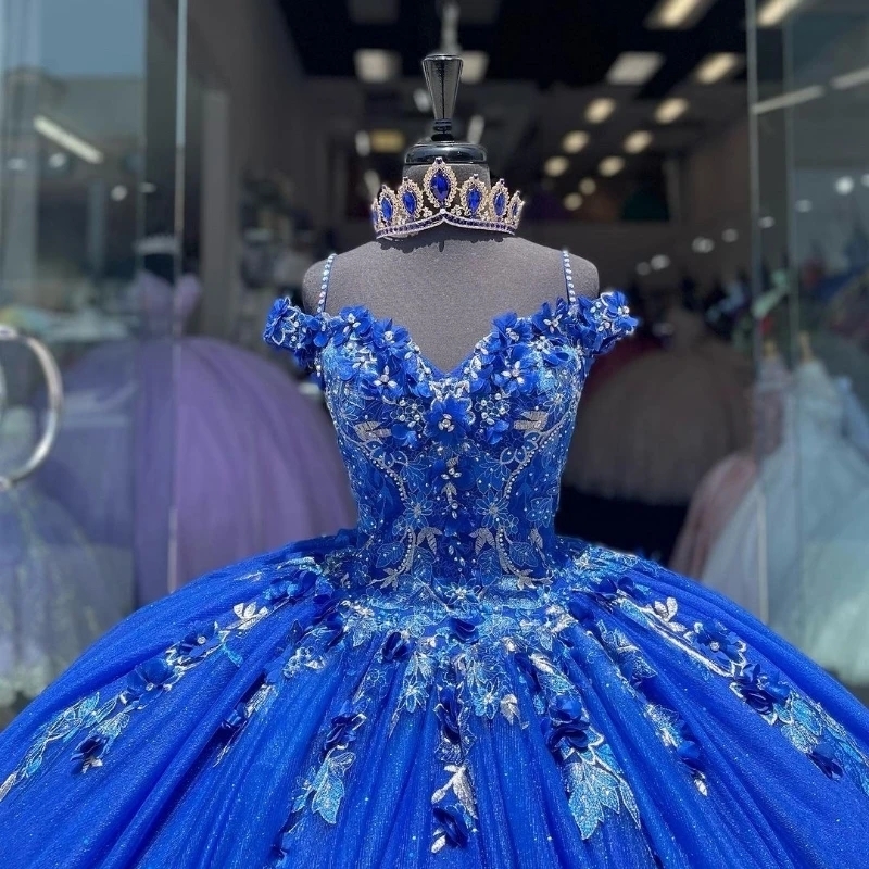 2024 Mexican Blue Shiny Quinceanera Dresses with 3D ral Applique Lace Vestidos XV 15 Anos Sweet 16 robe de soiree