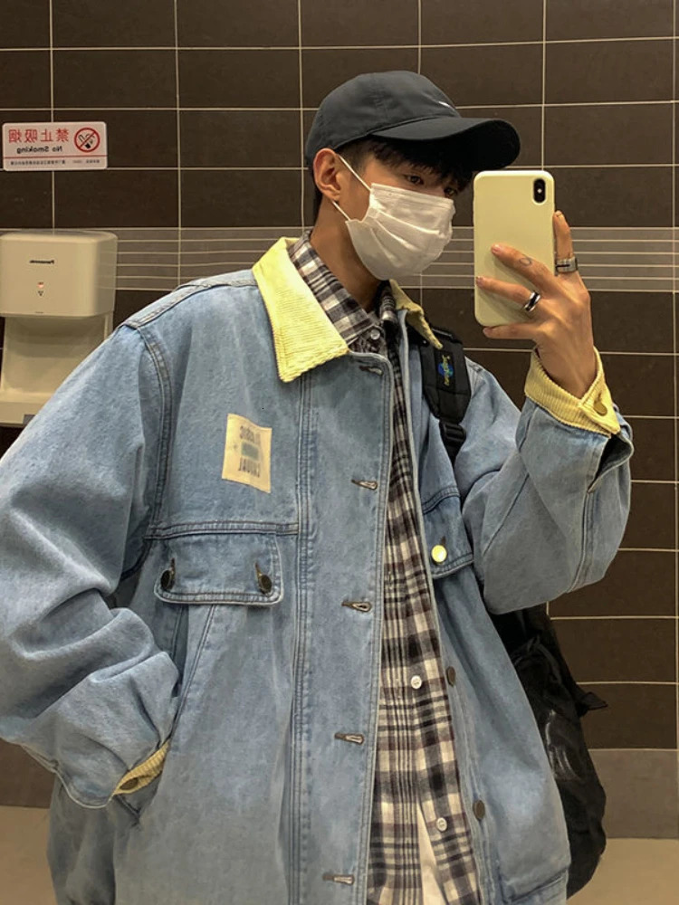 Gmiixder Japan Retro Lapel Denim Jacket Cityboys Punk Loose Autumn Hong Kong Style Hip Hop Handsome Stitching Jeans Coat 240701wtt