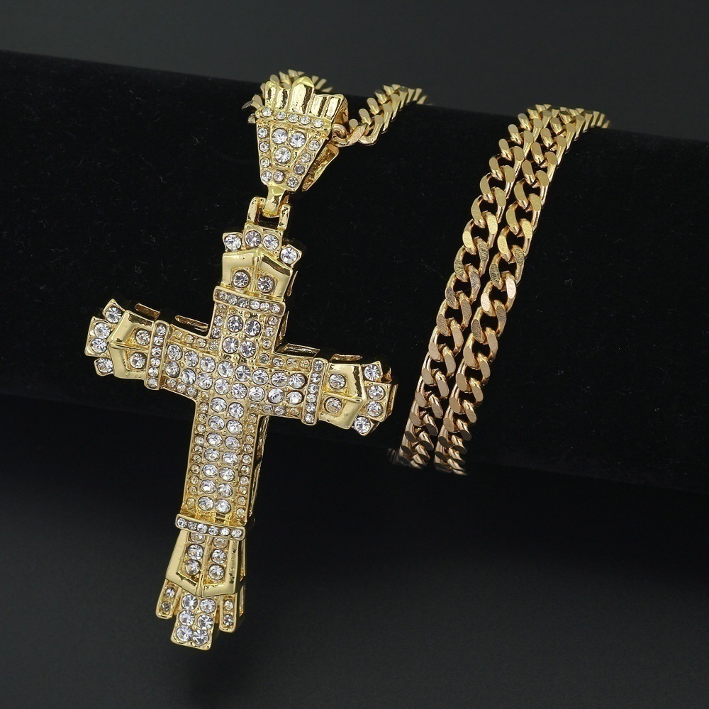 Hip Hop Cross Pendant Necklace Religious Charm 18K Gold Silver Full Ice Out Crystal Neckalce Simulated Diamonds Catholic Crucifix Necklace With Cuban 