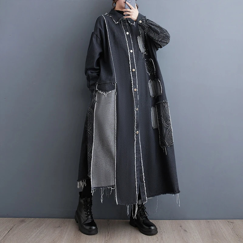 #2176 Black Blue Trench Coat Women Split Joint Denim Windbreaker Ladies Loose Retro A-E X-Long Overcoat Female Spring 240704