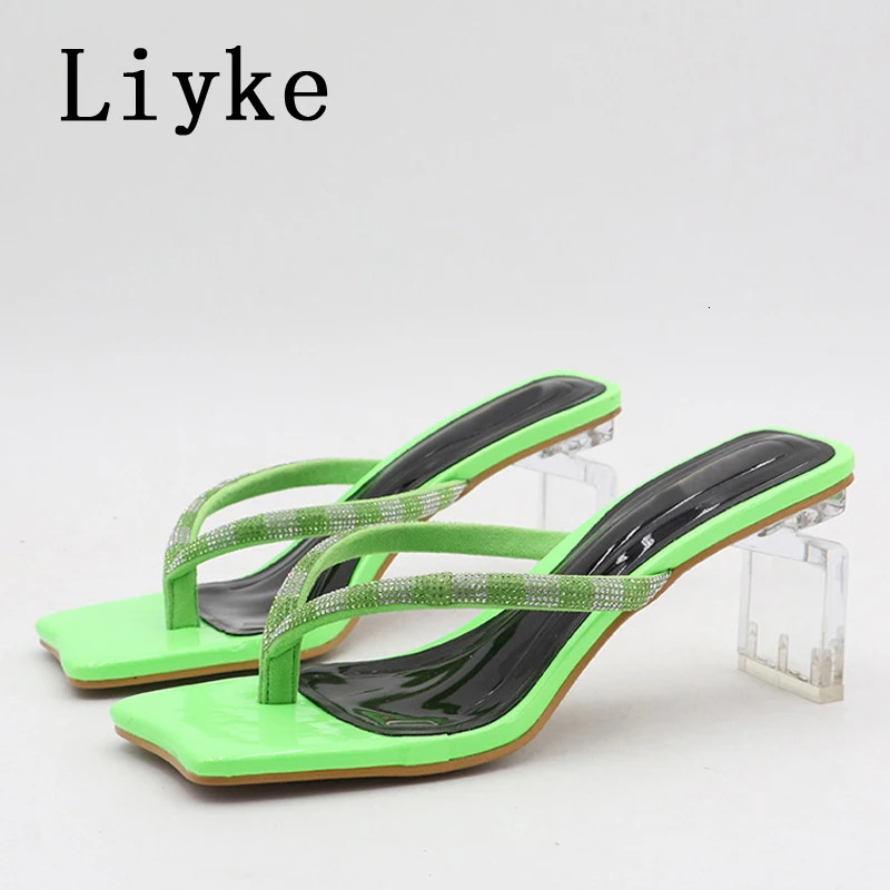 Liyke Size 36-42 Strange Style Transparent Heels Slippers Crystal Rhie Summer Sandals Sliders Shoes Women Flip ps New Pumps 240704