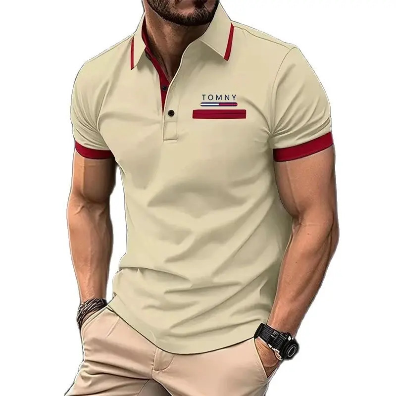 TOMNY Shirt Polo Daily Men Striped Knit Polos Polyester Polo Shirts Tops 240703
