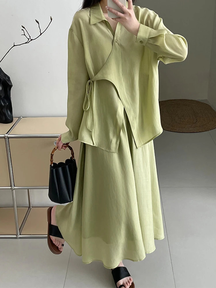 LANMREM Sunscreen Twopiece Set For Women Lapel Solid Color Side Strap Blouses With Elestic Waist Skirt Summer 2Z1653 240701wtt