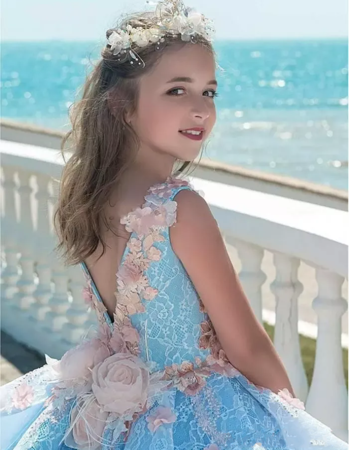 Lace Applique wer Dresses Jewel Sleeveless V-Back ral Appliques Girls' Party Gowns