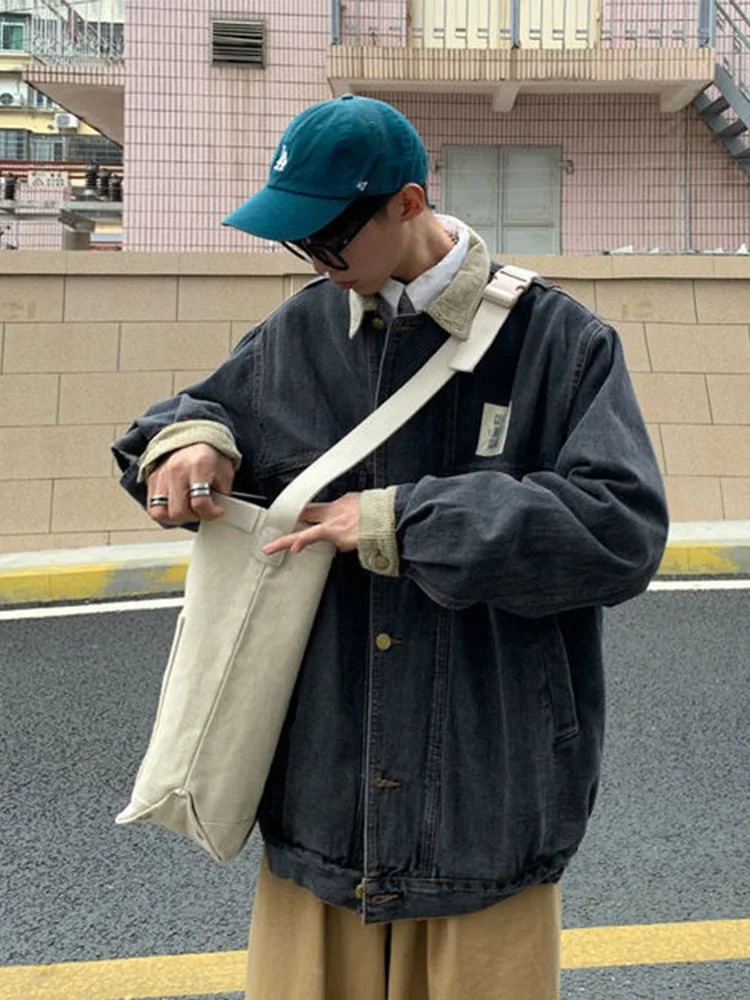 Gmiixder Japan Retro Lapel Denim Jacket Cityboys Punk Loose Autumn Hong Kong Style Hip Hop Handsome Stitching Jeans Coat 240701wtt