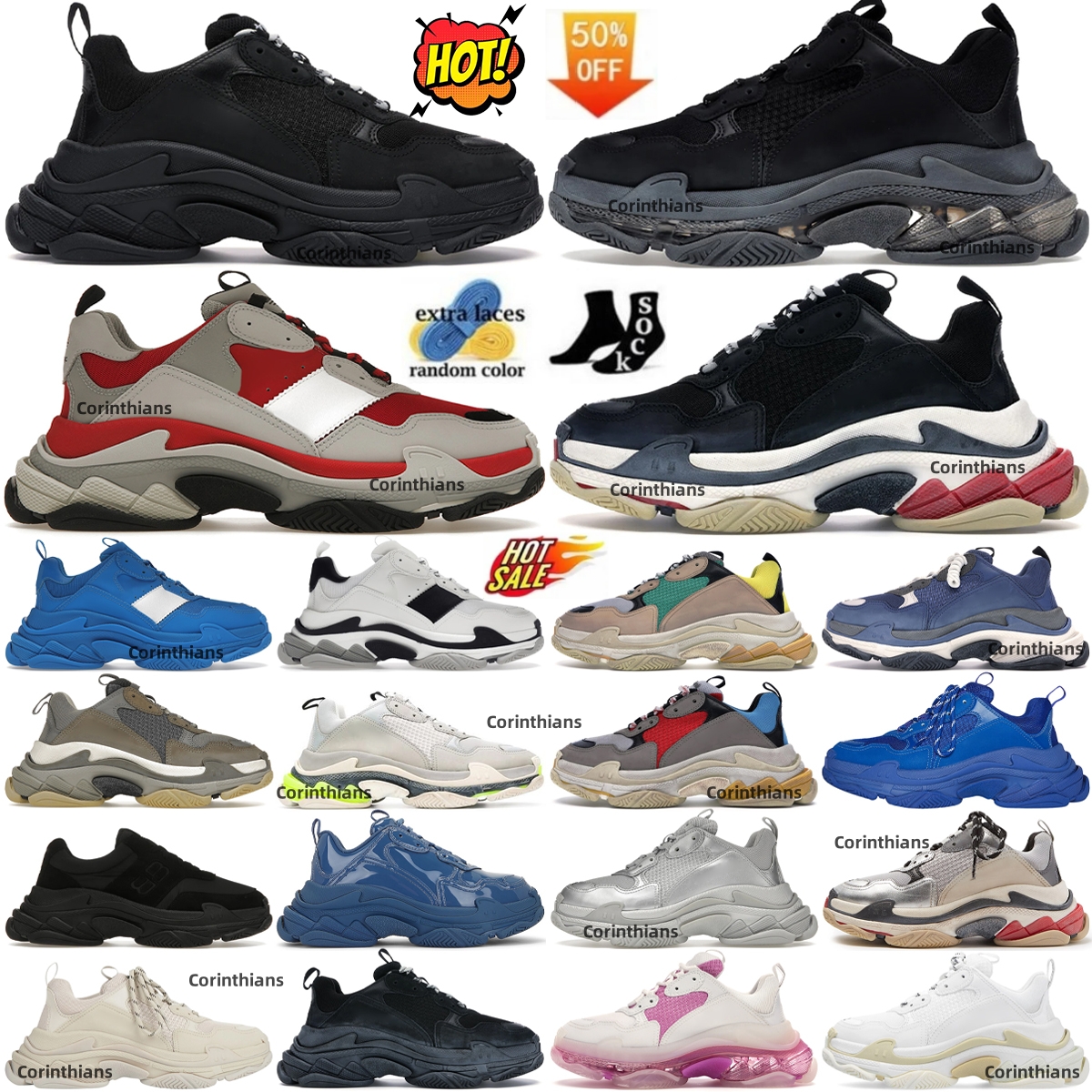 Triple s Shoes Clear Sole Designer Black White Red Grey Sneakers Patent Fluo Yellow X Tan Light Beige Allover Logo Laces Silver Blue Women Men Tr