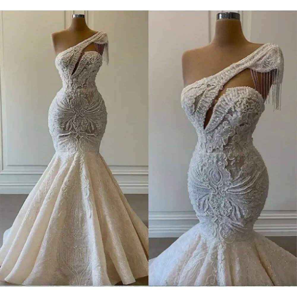 Gowns Pearls Wedding Mermaid Lace New Bridal Dresses Beaded Sexy One Shoulder Tassel Custom Made Arabic Dubai Robe De Mariee 6660311