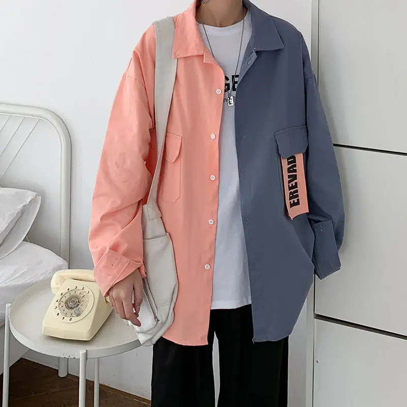 Spring and Autumn Leisure Simple Flip Collar Letter Print Panel Contrast Loose Oversized Long Sleeved Mens Shirt Coat 240704