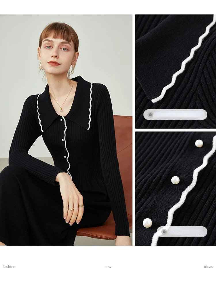 FSLE Women French Knitted Dresses Mid-length Retro Slim All-match Sweater Dress Buttoned Black Knitted Thin A-line Skirts 240703
