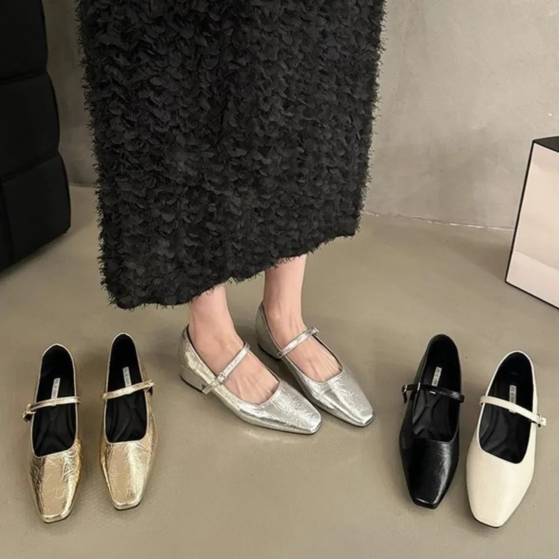 Womens Ballet Flats Pointed Toe Mary Janes Shoes Silver Low Heels Dress Shoes Woman Flats Black Gold Zapatos Mujer Spring 1790N 240705