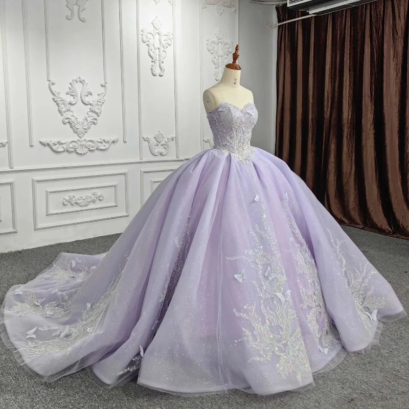 2025 Lavender Shiny Quinceanera Dresses Applique Bow Off The Shoulder Exposed Boning Girls Birthday Party Prom Gowns Princess 15