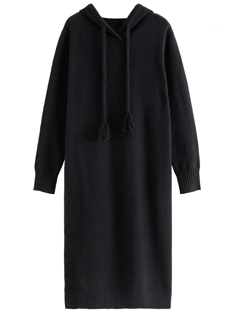 DUSHU Knitted Dress Winter Drawstring Hooded Black Mid Length Dress For Women Office Lady Casual Loose Dress 240703