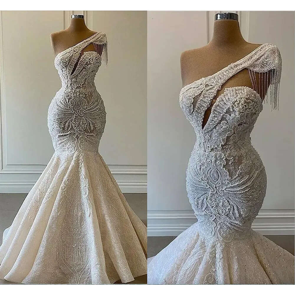 Gowns Pearls Wedding Mermaid Lace New Bridal Dresses Beaded Sexy One Shoulder Tassel Custom Made Arabic Dubai Robe De Mariee 6660311