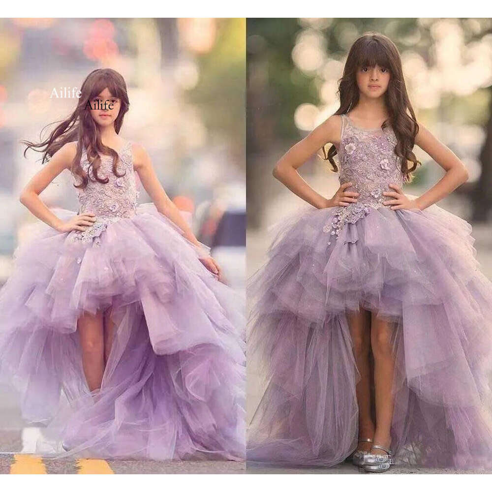 New Pageant Dresses Princess Tulle High Low Length Lace Appliques Lilac Kids Wer Girls Dress Ball Gown Cheap Birthday Gowns 0705