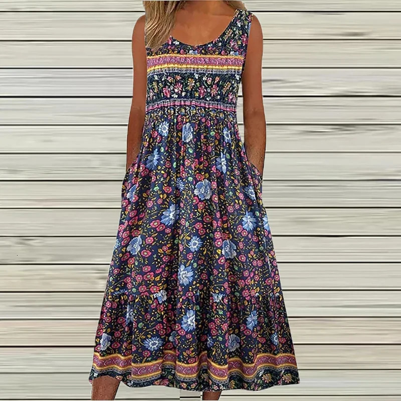 Summer Vintage Printed Midi Dress Women Casual Sleeveless Pocket Maxi Dresses For Beach Party Boho 240628