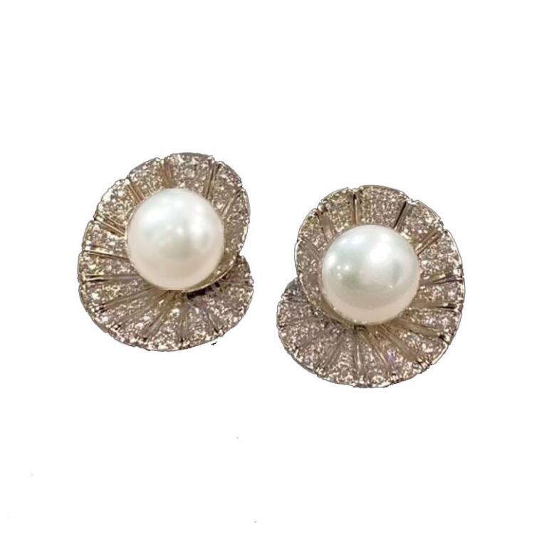 Sterg Sier Pearl & CZ Dia Stud Earrings Handmade Jewelry | Gorgeous Scallop Sweet Cute Earring Gift for Women 64ef