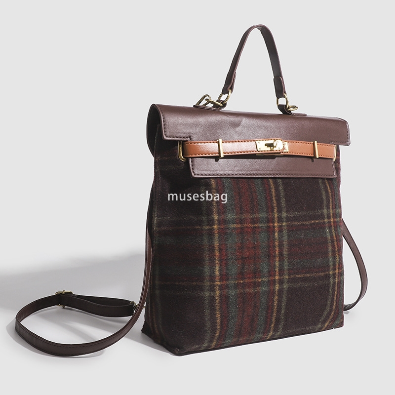 French women's Korean niche original design autumn and winter Maillard bag plaid fabric fashionable texture large capacity backpack handbag cross