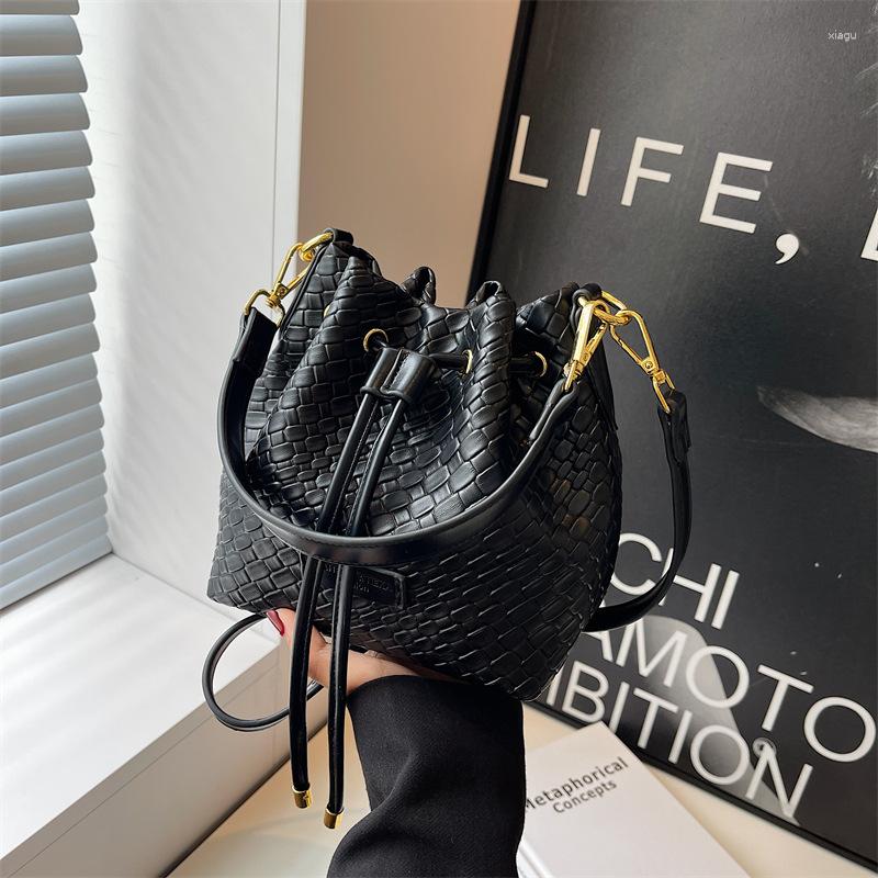 Drawstring Woven Bucket Bag For Women 2024 Autumn And Winter Single Shoulder Crossbody French Niche Design Handbag