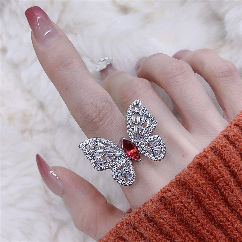 Unique Marquise Red Garnet Adjustable Butterfly Ring in Sterg Sier