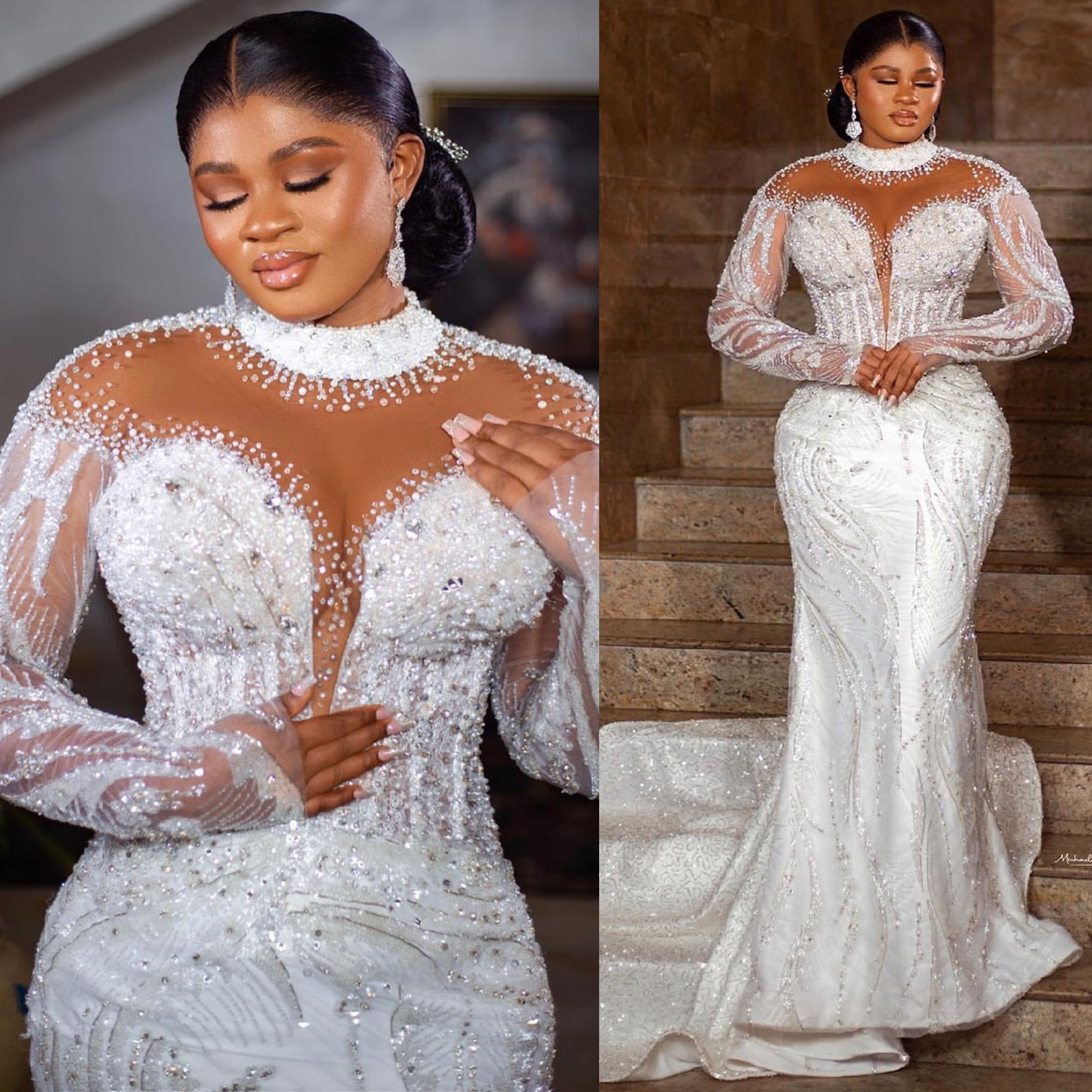 Aso Arabic Ebi Plus Size Ivory Mermaid Wedding Dresses Beaded Crystals Sequined Lace Bridal Gowns Dress Zj