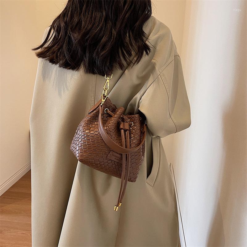 Drawstring Woven Bucket Bag For Women 2024 Autumn And Winter Single Shoulder Crossbody French Niche Design Handbag