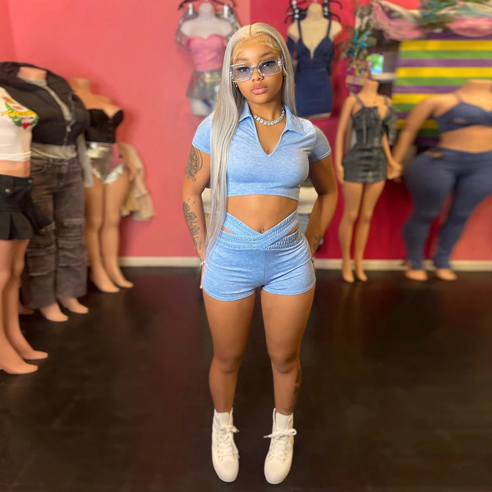 2 Piece Set Women Tracksuits Sexy Short Sleeve Crop TopHigh Waist Cut Out Shorts Outfits Summer Lolita Y2K Clothes 240704