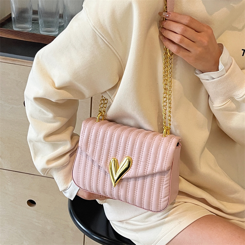 Heart Hasp Chains Solid PU Shoulder High Quality Simple Versatile Crossbody Bags for Women 2024 Fashion Designer New StyleH7.5#32