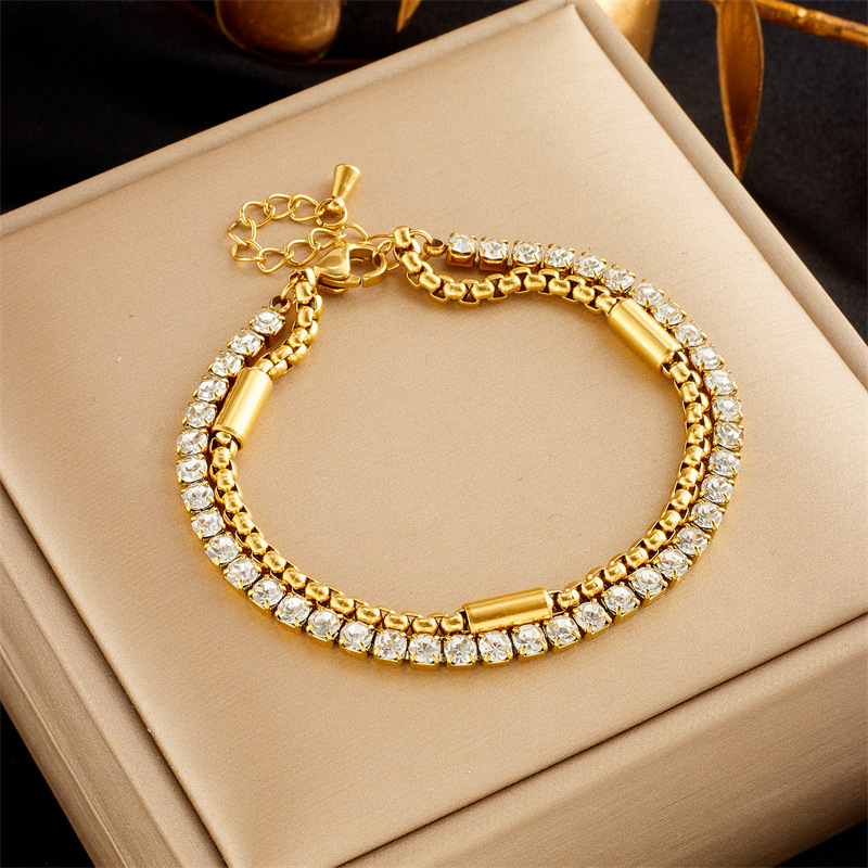 Non Tarnish Zircon Diamond Wristband Bangle Cuff Designer Jewelry Charm Cuban Chain iced out Square Heart Butterlfy Beads Stack Bracelets for Woman Fi