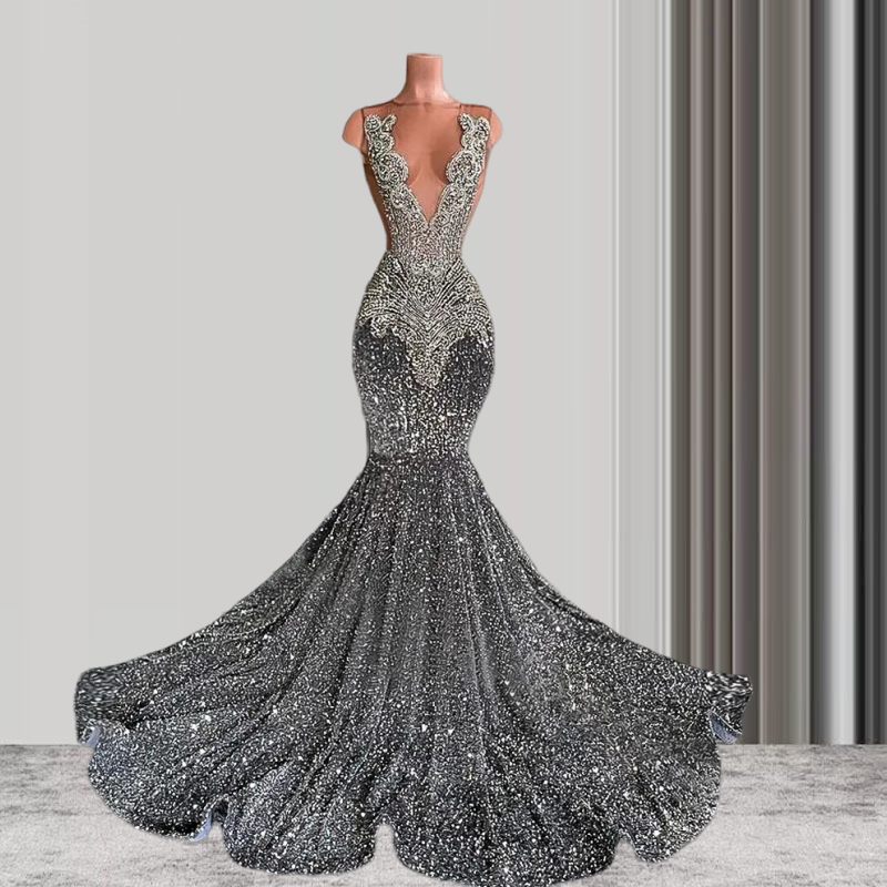 Gray Sparkly Women Sexy Long For Black Girls Mermaid Sheer Dia African American Prom Gowns Evening Gala Party Dresses