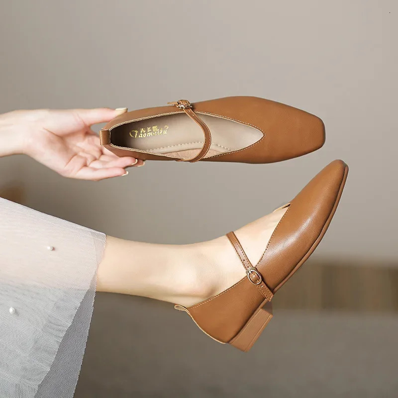 Square Toe Low Heel Mary Jane Shoes for Women Retro Buckle Casual Shoes Ladies Breathable Slip-on Outdoor Soft Sole Flats 240705